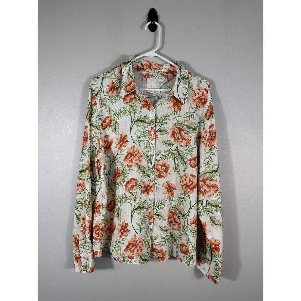 Joie Top Womens XL Beige Floral Linen Blend Cottage Boho Beach Long Sleeve